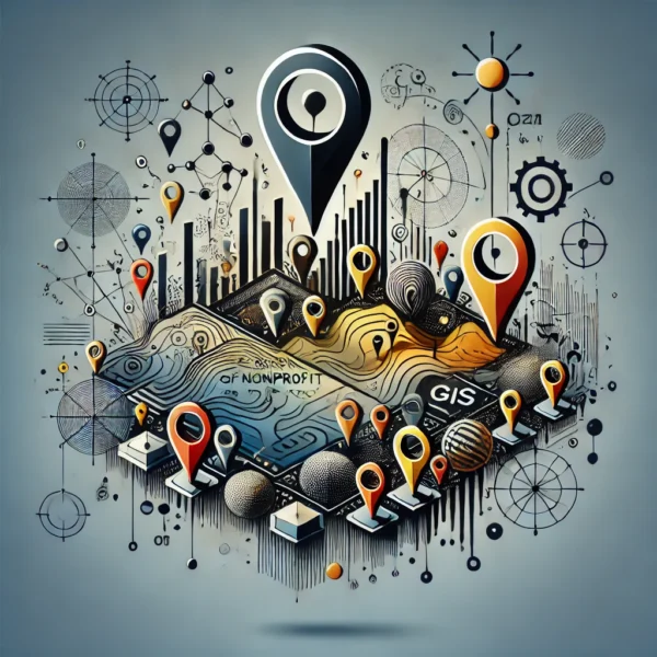 An abstract, conceptual image representing nonprofit sector training on leveraging Geographic Information Systems (GIS) for success. The design features layered maps, location pins, and data points, symbolizing GIS technology and spatial data analysis. The image uses a clean, modern aesthetic, focusing on visual representation to evoke themes of innovation, data-driven decision-making, and the impact of GIS in the nonprofit sector