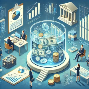 An abstract, professional illustration symbolizing financial management and transparency in NGOs. The image features a clear glass object at the center with coins, banknotes, and graphs inside, representing transparency. Surrounding the object are four distinct scenes: a person working on a budget spreadsheet, a secure vault symbolizing internal controls, a person presenting a financial report to a group, and diverse income streams flowing into the central object. The color palette of blues and greens conveys trust and growth, with a modern, infographic-like style suitable for a professional training website