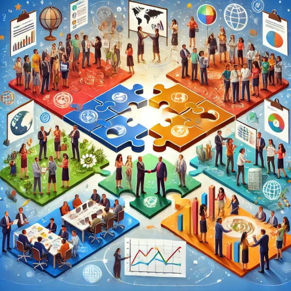 A dynamic illustration showing partnerships and collaboration in the development sector. The central image features a large puzzle being assembled by diverse groups of people, symbolizing different organizations coming together. Each puzzle piece is a different color and includes symbols of various development areas like education, health, and the environment. Surrounding the central image are four distinct scenes arranged clockwise: 1) People examining profile cards with magnifying glasses, representing partner identification, 2) Two groups shaking hands over a contract with a golden seal, symbolizing agreement formalization, 3) A collaborative project management scene with people working on a shared digital platform or whiteboard, and 4) A chart showing rising impact metrics with people celebrating. Flowing ribbons connect these scenes, illustrating the process. The image uses a vibrant, professional color palette and includes diverse representations of people and organizations. Subtle global landmarks in the background signify international collaboration. The style is semi-realistic with infographic elements, suitable for a training website.