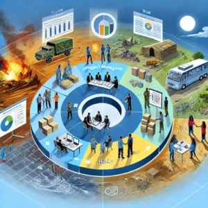 A dynamic illustration of project management for humanitarian initiatives, featuring a central circular diagram representing the project lifecycle. Four sections radiate outwards with vivid scenes: a group planning with charts and laptops, people organizing supplies, a team assessing risks in a challenging environment, and adaptable workers adjusting plans. Surrounding the diagram are symbols of humanitarian aid, including medical supplies, food packages, and temporary shelters. The background transitions from disaster-affected areas to recovering communities, with a balanced color palette of blues and warm tones. Gantt charts, risk matrices, and resource allocation graphs are subtly integrated into the design