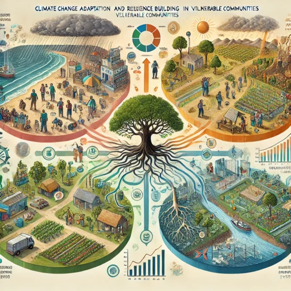 An informative illustration titled 'Climate Change Adaptation and Resilience Building in Vulnerable Communities.' The image is divided into four interconnected quadrants. The first quadrant shows a community facing climate challenges like rising sea levels, droughts, and extreme weather. The second quadrant features scientists and locals collaborating to assess risks using maps and data visualizations. The third quadrant depicts the implementation of climate-smart solutions such as flood barriers, drought-resistant crops, and renewable energy sources. The fourth quadrant shows a thriving, adapted community with visible monitoring systems and evaluation processes. The quadrants are connected by flowing arrows, with a resilient tree at the center, symbolizing strength and adaptation. The color palette transitions from muted, concerning tones in the first quadrant to vibrant, hopeful colors in the last. The style is semi-realistic with clear infographic elements, suitable for a professional training website.