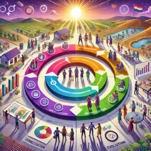 A compelling illustration showing gender mainstreaming in development projects. At the center is a circular project cycle diagram with four phases: planning, implementation, monitoring, and evaluation, each featuring diverse people collaborating. Radiating from the circle are colorful beams representing different aspects of development like education, healthcare, and economic opportunity. These beams illuminate a surrounding landscape where people of all genders are equally engaged in various activities. In the foreground are symbols of gender analysis tools like charts and surveys, alongside visual metaphors for equality, such as balanced scales and interlocking male and female symbols. The color palette is vibrant and inclusive, featuring purples, greens, and oranges. The style is modern and semi-realistic, with clear infographic elements and diverse representation in terms of ethnicity, age, and ability