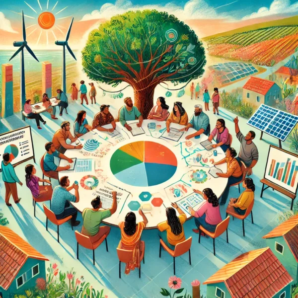 A vibrant illustration showcasing community engagement for sustainable development. A diverse group of people works collaboratively around a large, circular table divided into four sections. The sections represent key aspects of the training: participatory research through interviews and surveys, community needs mapping on a large chart, a facilitated discussion with participants raising hands, and community members teaching each other new skills. Above the table, a tree grows from the center, with branches extending to include solar panels, wind turbines, and other sustainable technologies. The scene blends urban and rural elements in a colorful, stylized landscape, using warm, inviting colors to convey energy and inclusivity. Participants are depicted as diverse in age, ethnicity, and abilities.