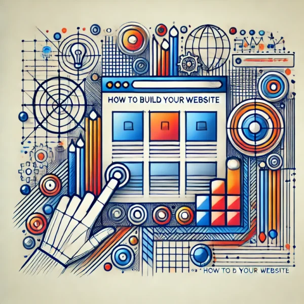 An abstract, conceptual image representing nonprofit sector training on 'How to Build Your Website.' The design features elements like wireframes, abstract browser windows, and building blocks, symbolizing website planning, design, and development. The image uses lines, shapes, and color gradients to evoke themes of structure, user-friendliness, SEO, and ongoing maintenance, with a clean and modern aesthetic emphasizing the importance of a well-planned and regularly updated website.