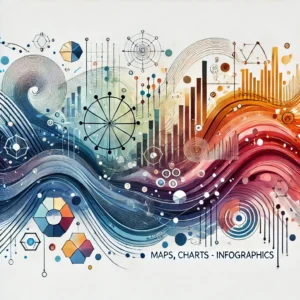 An abstract, conceptual image representing a nonprofit sector training on 'Data Visualization – Maps, Charts, Infographics.' The design features modern shapes and patterns that symbolize the creation of maps, charts, and infographics, with gradients and flowing lines that suggest the transformation of data into visual formats. The image uses a clean, professional color palette, emphasizing clarity, impact, and best practices in data visualization