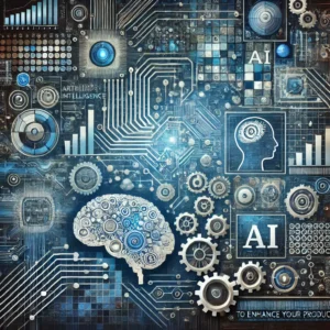 An abstract, conceptual image representing a nonprofit sector training on 'Artificial Intelligence – AI to Enhance Your Productivity.' The design features AI-related elements like neural networks, circuit patterns, and digital interfaces. Symbols of automation, data analysis, and AI-driven communication are incorporated, with a modern color palette of blues, silvers, and digital tones, evoking themes of innovation, efficiency, and ethical considerations in AI use within the nonprofit sector.