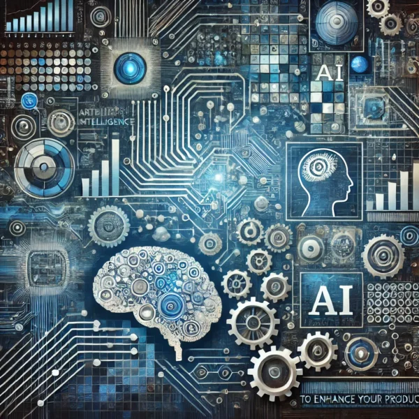 An abstract, conceptual image representing a nonprofit sector training on 'Artificial Intelligence – AI to Enhance Your Productivity.' The design features AI-related elements like neural networks, circuit patterns, and digital interfaces. Symbols of automation, data analysis, and AI-driven communication are incorporated, with a modern color palette of blues, silvers, and digital tones, evoking themes of innovation, efficiency, and ethical considerations in AI use within the nonprofit sector.