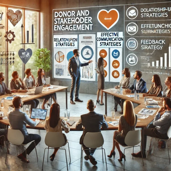 A professional training session on donor and stakeholder engagement. The image features a diverse group of nonprofit professionals engaged in discussions, with a central trainer guiding the session. Visual elements include charts, communication strategy boards, and digital tools displayed on a large screen. The setting is modern and well-lit, creating an environment conducive to learning. Participants are focused on relationship-building techniques, effective communication strategies, and utilizing feedback for continuous improvement. The atmosphere is collaborative and dynamic, emphasizing the importance of strategic engagement.