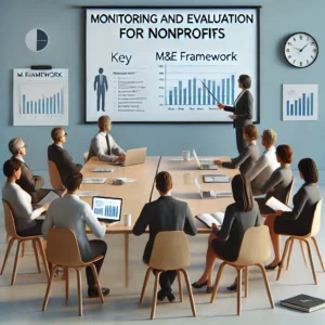 A simple, realistic image of a nonprofit sector training focused on Monitoring and Evaluation (M&E). The scene depicts a minimalist training room with a few participants seated at a table, attentively watching a facilitator present a slide titled 'M&E Framework.' Key charts and graphs are displayed on the screen, and participants have open notebooks and laptops in front of them. The setting is clean and straightforward, emphasizing the essential elements of M&E training without distractions