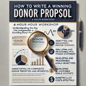 Event flyer for a 4-hour workshop titled 'How to Write a Winning Donor Proposal.' The flyer features a clean and professional design with navy blue, white, and gold accents. It includes visual elements such as a document icon, a magnifying glass over text, and charts representing budgeting and measurable goals. The key workshop components listed are: understanding the key components of a compelling donor proposal, identifying and aligning with donor priorities and interests, crafting a clear and concise problem statement, developing realistic and measurable goals and objectives, and budgeting and justifying costs effectively.