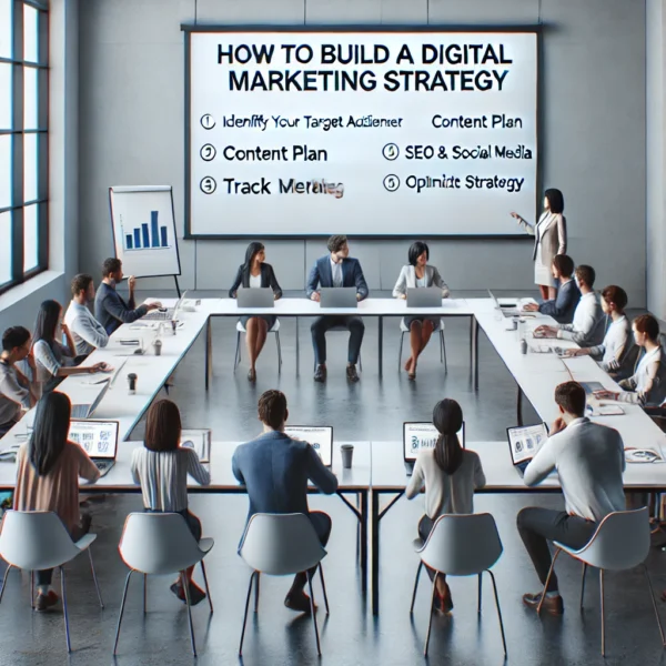 A very simple, realistic image of a nonprofit sector training focused on 'How to Build a Digital Marketing Strategy.' The scene shows a small, minimalist room with a few participants seated at a table, attentively watching a facilitator present a slide titled 'Digital Marketing Strategy.' The slide includes basic bullet points such as 'Target Audience' and 'Content Plan.' The participants have open notebooks or a single laptop, and the setting is clean and uncluttered, emphasizing clarity and focus on the essential aspects of the training.